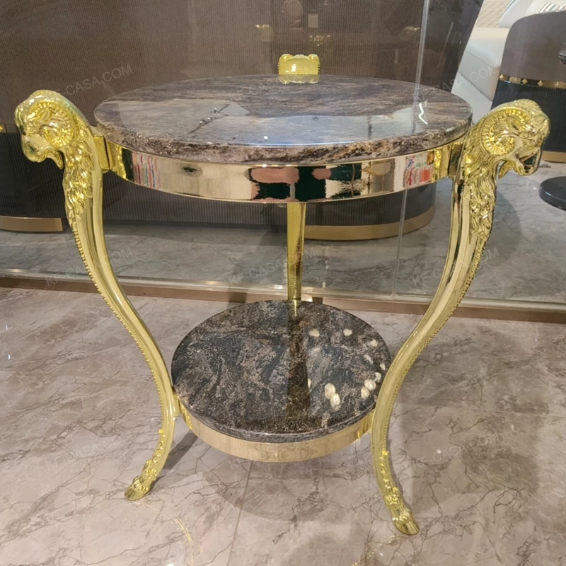 Round Natural Stone Sofa Side Table with Sculpted Ram-Head Gold-Tone Metal Legs and Lower Display Shelf